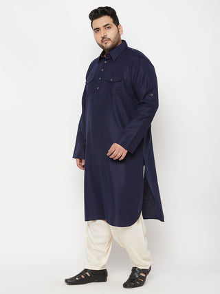 VASTRAMAY Men's Plus Size Blue and Cream Cotton Blend Pathani Set