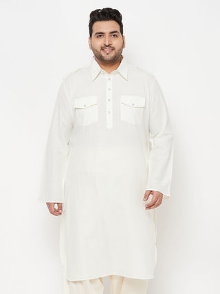VASTRAMAY Men's Plus Size Cream Cotton Blend Pathani Kurta