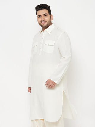 VASTRAMAY Men's Plus Size Cream Cotton Blend Pathani Kurta