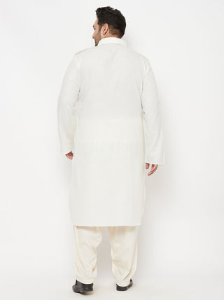 VASTRAMAY Men's Plus Size Cream Cotton Blend Pathani Set
