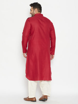 VASTRAMAY Men's Plus Size Maroon and Cream Cotton Blend Pathani Set