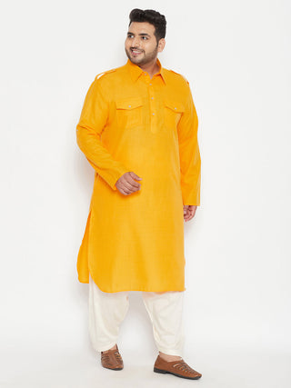 VASTRAMAY Men's Plus Size Mustard and Cream Cotton Blend Pathani Set
