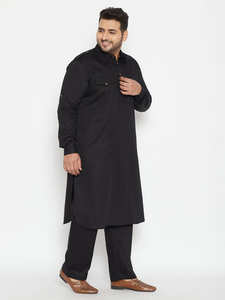 VASTRAMAY Men's Plus Size Black Cotton Blend Pathani Set