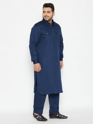 VASTRAMAY Men's Plus Size Blue Cotton Blend Pathani Set