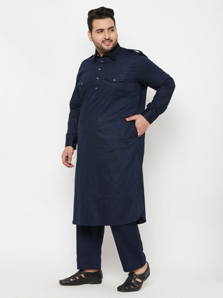 VASTRAMAY Men's Plus Size Blue Cotton Blend Pathani Kurta