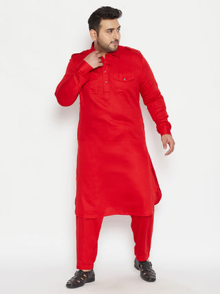 VASTRAMAY Men's Plus Size Red Cotton Blend Pathani Set