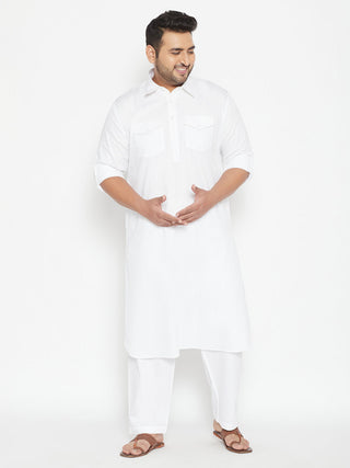VASTRAMAY Men's Plus Size White Cotton Blend Pathani Set