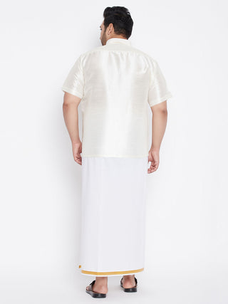 VASTRAMAY Men's Plus Size Cream And White Silk Blend Shirt And Mundu Set