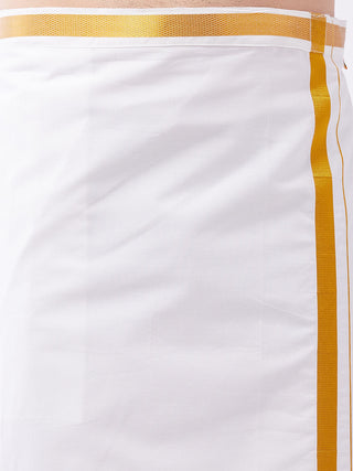 VASTRAMAY Men's Plus Size Cream And White Silk Blend Shirt And Mundu Set