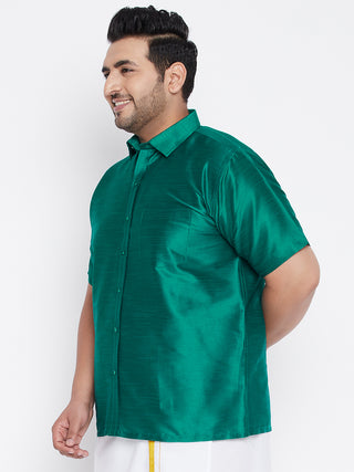 VASTRAMAY Men's Plus Size Green Silk Blend Ethnic Shirt