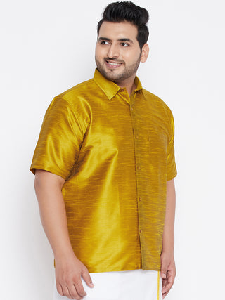 VASTRAMAY Men's Plus Size Mustard Silk Blend Ethnic Shirt