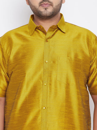 VASTRAMAY Men's Plus Size Mustard And White Silk Blend Shirt And Mundu Set