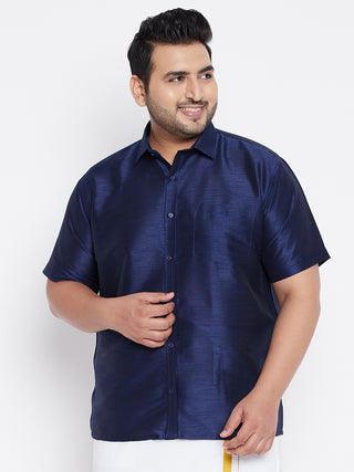 VASTRAMAY Men's Plus Size Navy Blue Silk Blend Ethnic Shirt