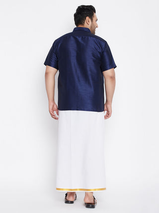 VASTRAMAY Men's Plus Size Navy Blue And White Silk Blend Shirt And Mundu Set