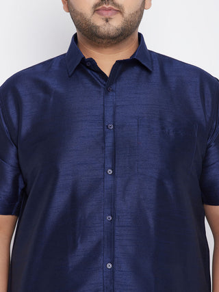 VASTRAMAY Men's Plus Size Navy Blue And White Silk Blend Shirt And Mundu Set