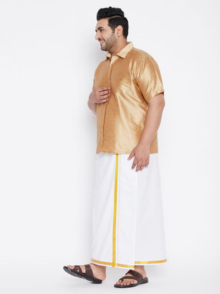 VASTRAMAY Men's Plus Size Rose Gold And White Silk Blend Shirt And Mundu Set