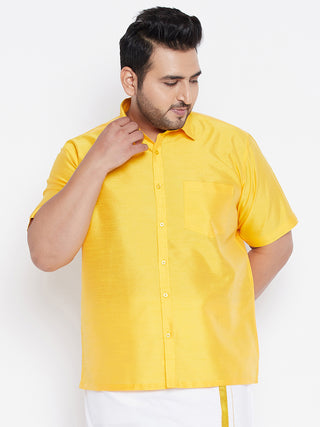 VASTRAMAY Men's Plus Size Yellow Silk Blend Ethnic Shirt