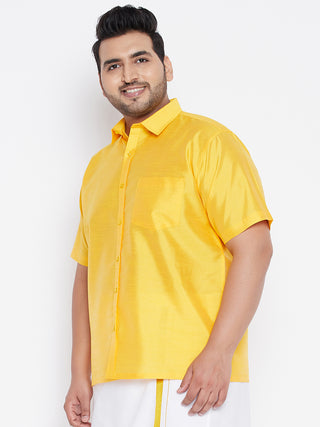 VASTRAMAY Men's Plus Size Yellow Silk Blend Ethnic Shirt
