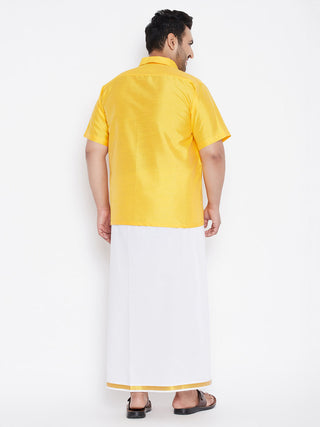 VASTRAMAY Men's Plus Size Yellow And White Silk Blend Shirt And Mundu Set