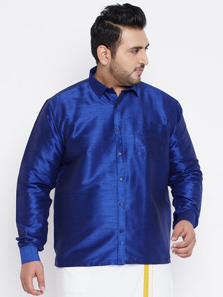 VASTRAMAY Men's Plus Size Blue Silk Blend Ethnic Shirt
