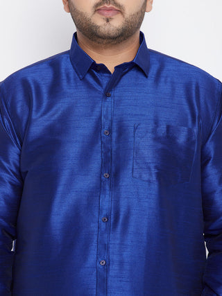 VASTRAMAY Men's Plus Size Blue Silk Blend Ethnic Shirt
