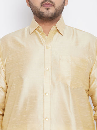 VASTRAMAY Men's Plus Size Gold And White Silk Blend Shirt And Mundu Set