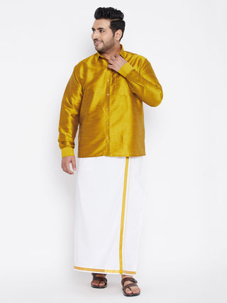 VASTRAMAY Men's Plus Size Mustard And White Silk Blend Shirt And Mundu Set