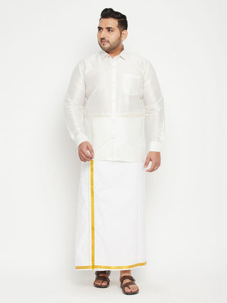 VASTRAMAY Men's Plus Size White Silk Blend Shirt And Mundu Set