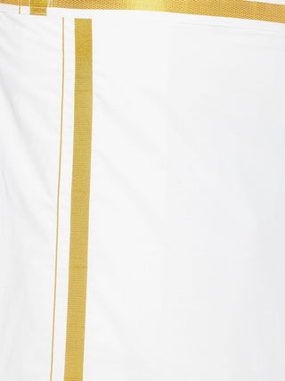 VASTRAMAY Men's Plus Size White Silk Blend Shirt And Mundu Set