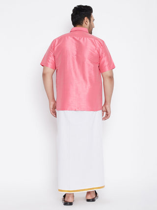 VASTRAMAY Men's Plus Size Pink And White Silk Blend Shirt And Mundu Set