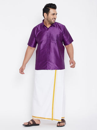 VASTRAMAY Men's Plus Size Purple And White Silk Blend Shirt And Mundu Set