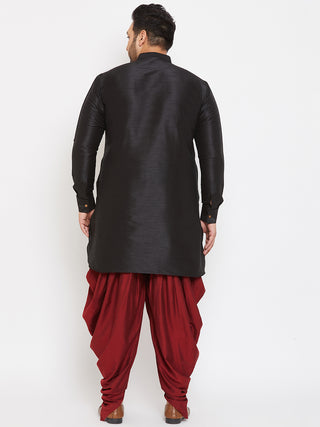 VASTRAMAY Men's Plus Size Black Silk Blend Curved Kurta Dhoti Set