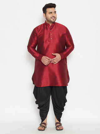 VASTRAMAY Men's Plus Size Maroon Silk Blend Curved Kurta Dhoti Set