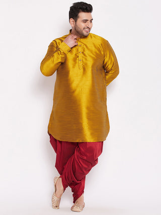 VASTRAMAY Men's Plus Size Mustard Silk Blend Curved Kurta Dhoti Set