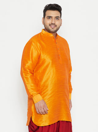 VASTRAMAY Men's Plus Size Orange Silk Blend Curved Kurta
