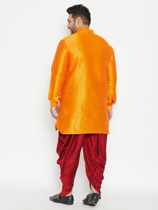 VASTRAMAY Men's Plus Size Orange Silk Blend Curved Kurta Dhoti Set