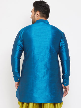 VASTRAMAY Men's Plus Size Turquoise Silk Blend Curved Kurta