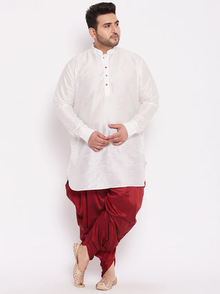 VASTRAMAY Men's Plus Size White Silk Blend Curved Kurta Dhoti Set