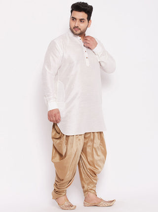 VASTRAMAY Men's Plus Size White Silk Blend Curved Kurta Dhoti Set