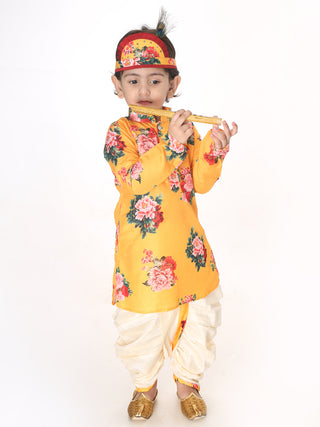 VASTRAMAY SISHU Boys Multicolor-Base-Yellow Cotton Blend Kurta and Dhoti Set