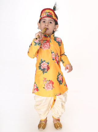 VASTRAMAY SISHU Boys Multicolor-Base-Yellow Cotton Blend Kurta and Dhoti Set
