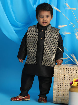 VASTRAMAY Boy's Black Woven Design Slim Fit Nehru Jacket And Black Kurta Pyjama Set