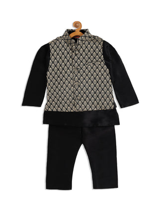 VASTRAMAY SISHU Boy's Black Woven Design Slim Fit Nehru Jacket And Black Kurta Pyjama Set
