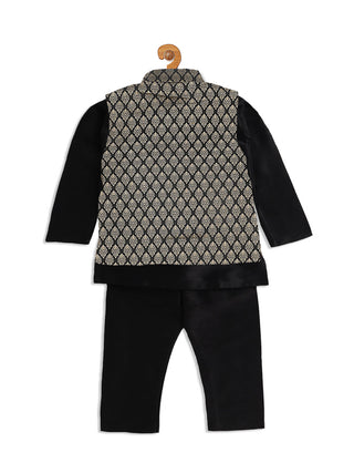 VASTRAMAY Boy's Black Woven Design Slim Fit Nehru Jacket And Black Kurta Pyjama Set