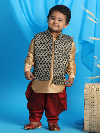 VASTRAMAY SISHU Boy's Black Woven Design Slim Fit Nehru Jacket And Rose Gold Kurta With Maroon Dhoti Set
