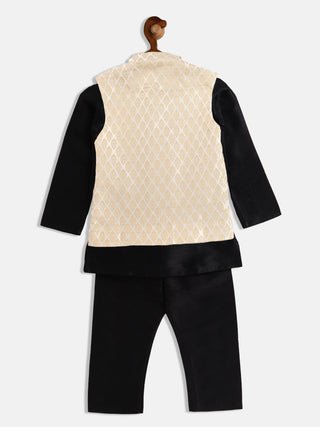 VASTRAMAY SISHU Boy's Cream Woven Design Slim Fit Nehru Jacket And Black Kurta Pyjama Set