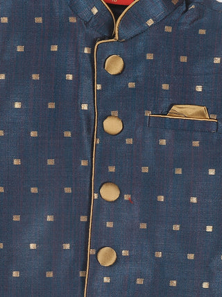 VASTRAMAY SISHU Boy's Blue Booti Woven Design Slim Fit Nehru Jacket And Rose Gold Kurta With Maroon Dhoti Set