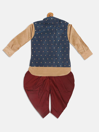 VASTRAMAY SISHU Boy's Blue Booti Woven Design Slim Fit Nehru Jacket And Rose Gold Kurta With Maroon Dhoti Set