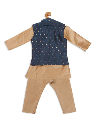 VASTRAMAY SISHU Boy's Rose Gold Kurta Pyjama With Blue Woven Nehru Jacket
