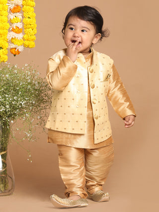 VASTRAMAY SISHU Boy's Rose Gold Kurta And Pajama With Gold Jacket